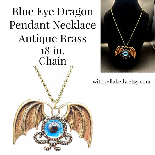Antique Bronze Blue Eye Dragon Pendant Necklace