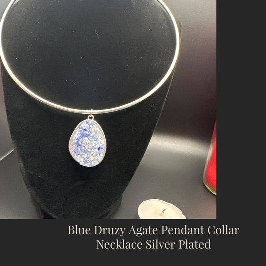 Blue Agate Druzy Crystal Pendant with Silver-Plated Collar Necklace