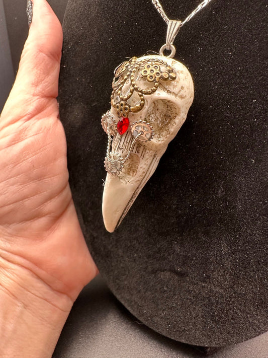 Steampunk Crow Bird Skull with Red Stone and Gears Pendant Necklace