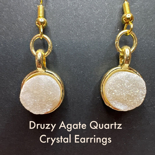 Druzy Crystal Agate Crystal Quartz Earrings Gold Tone