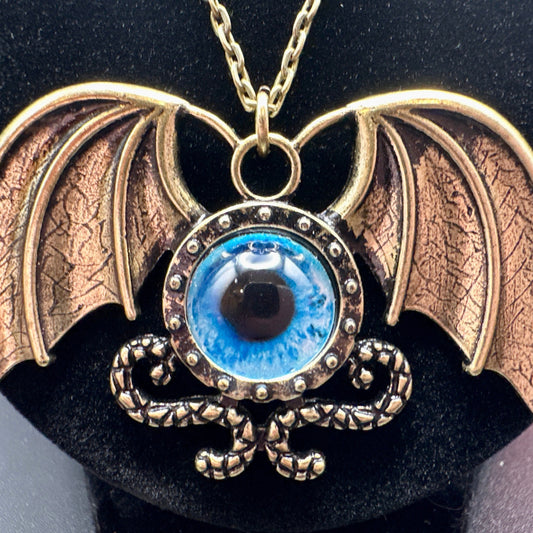 Antique Bronze Blue Eye Dragon Pendant Necklace