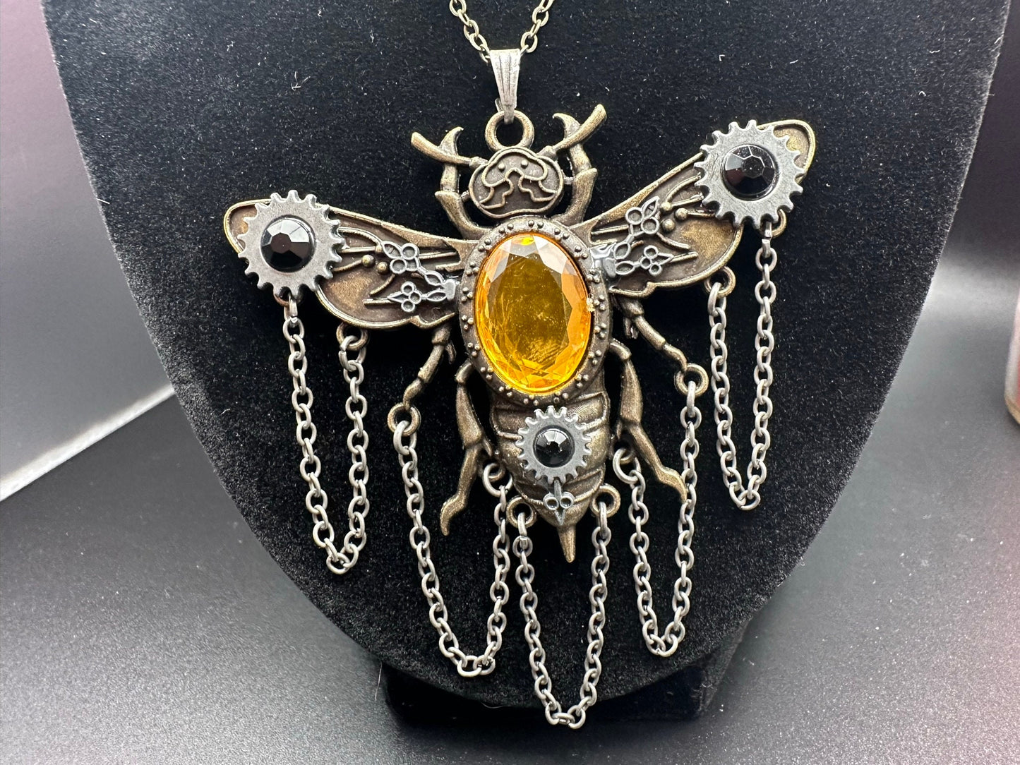 Steampunk Insect Pendant Necklace Yellow Stone