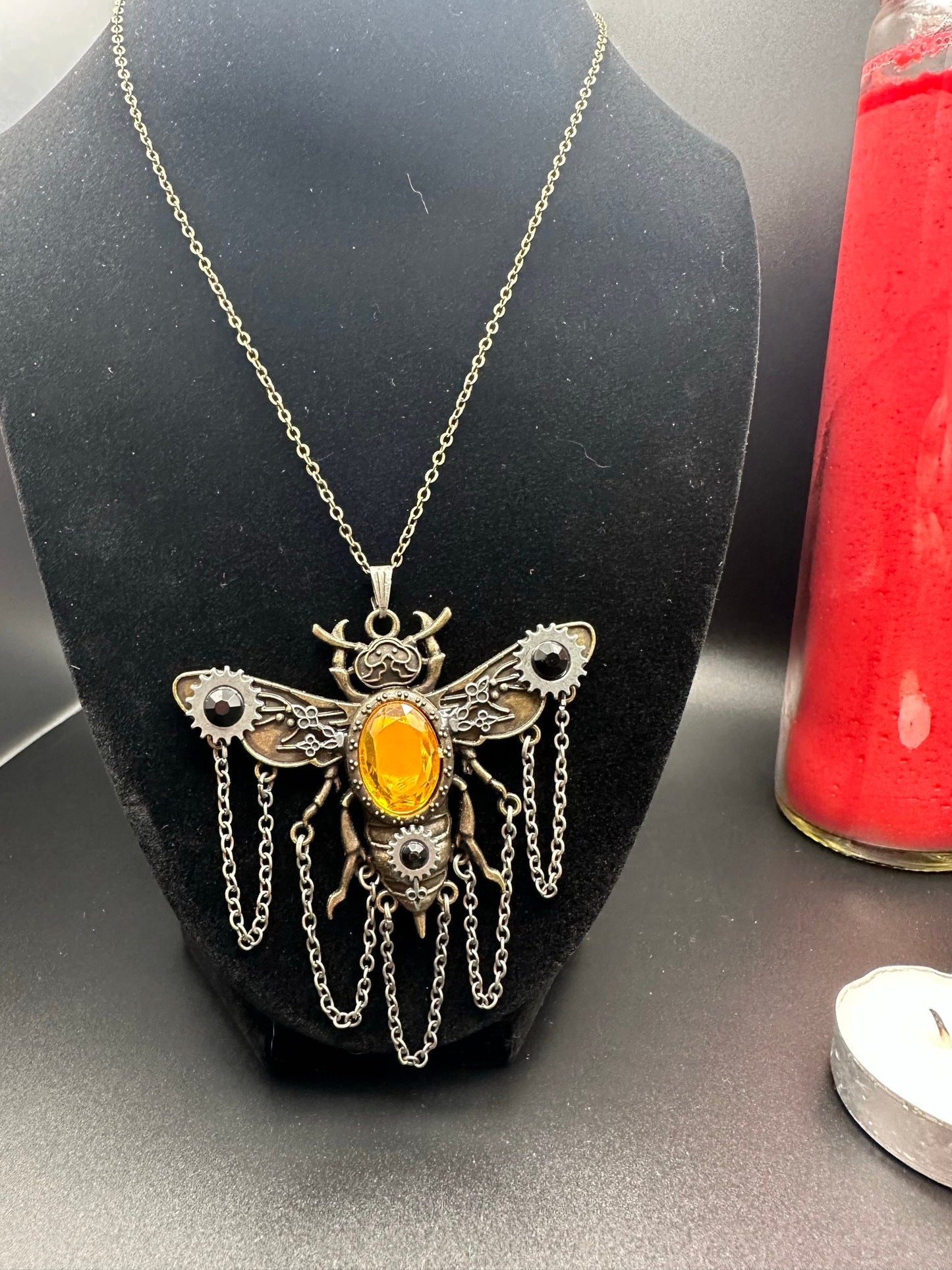 Steampunk Insect Pendant Necklace Yellow Stone