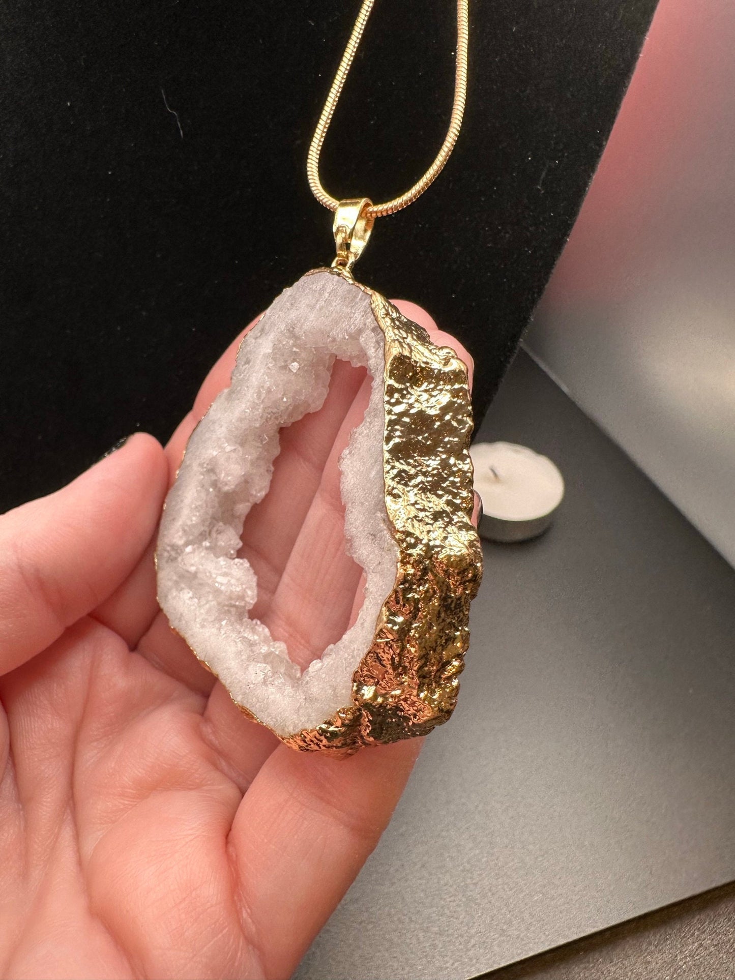 Large Druzy Crystal Quartz Pendant Necklace 30" Gold-Plated Snake Chain