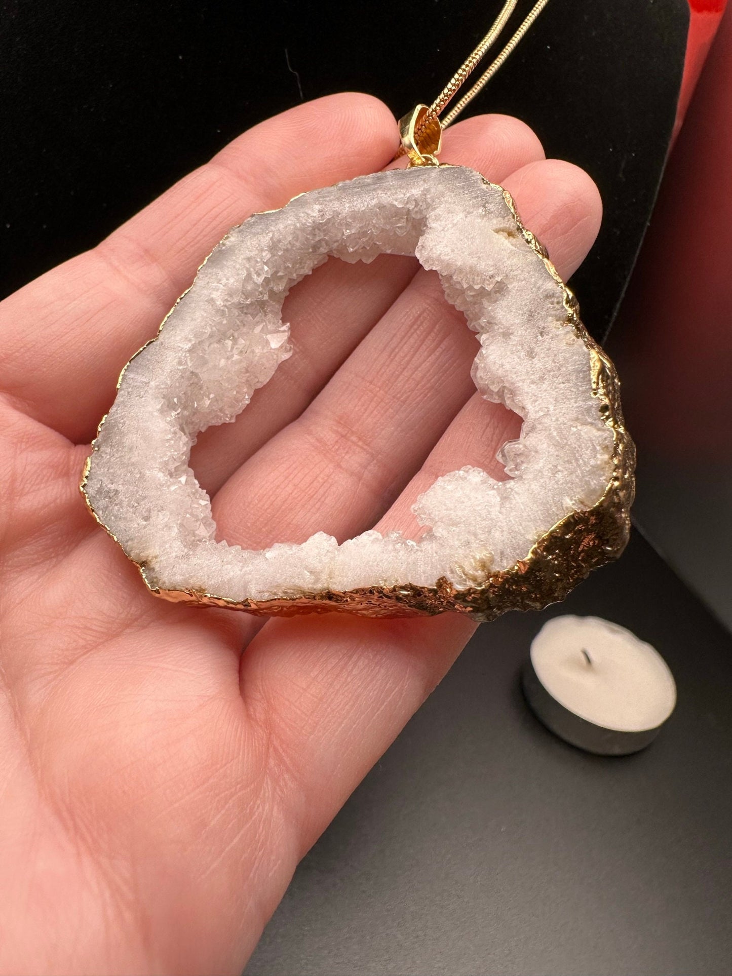 Large Druzy Crystal Quartz Pendant Necklace 30" Gold-Plated Snake Chain