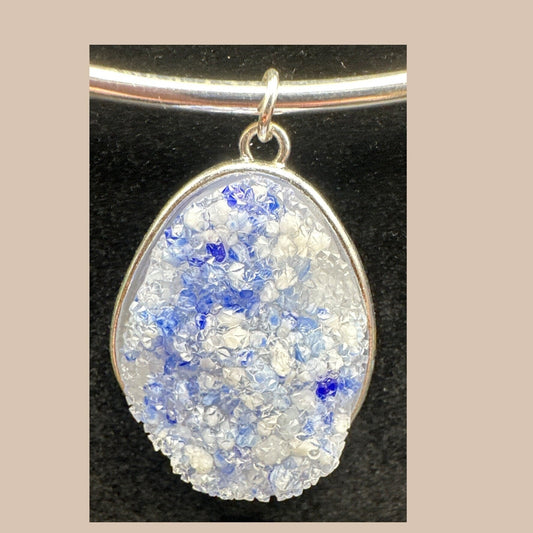 Blue Agate Druzy Crystal Pendant with Silver-Plated Collar Necklace