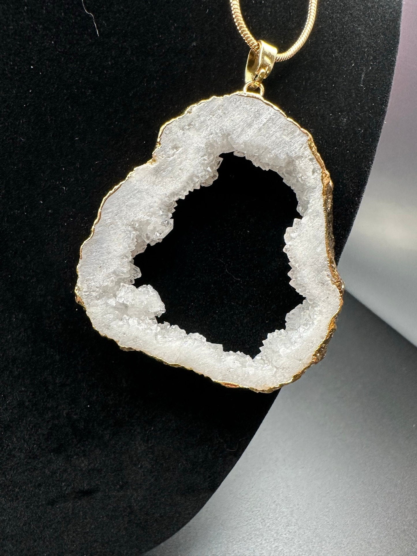 Large Druzy Crystal Quartz Pendant Necklace 30" Gold-Plated Snake Chain